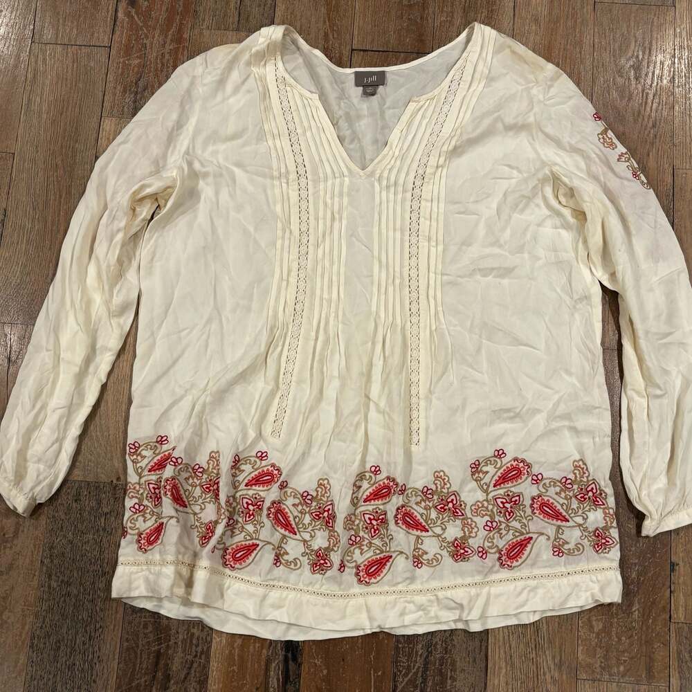 J.Jill Women's 1X Embroidered Pintuck V-Neck Rayon Tunic Blouse Ivory